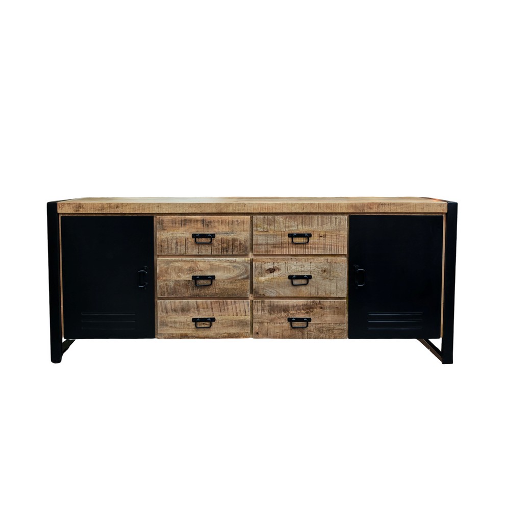 BAHUT BAS 2 PORTES 6 TIROIRS EN MANGUIER MASSIF ET METAL NOIR 200 X 81 X 46 CM - Image 8