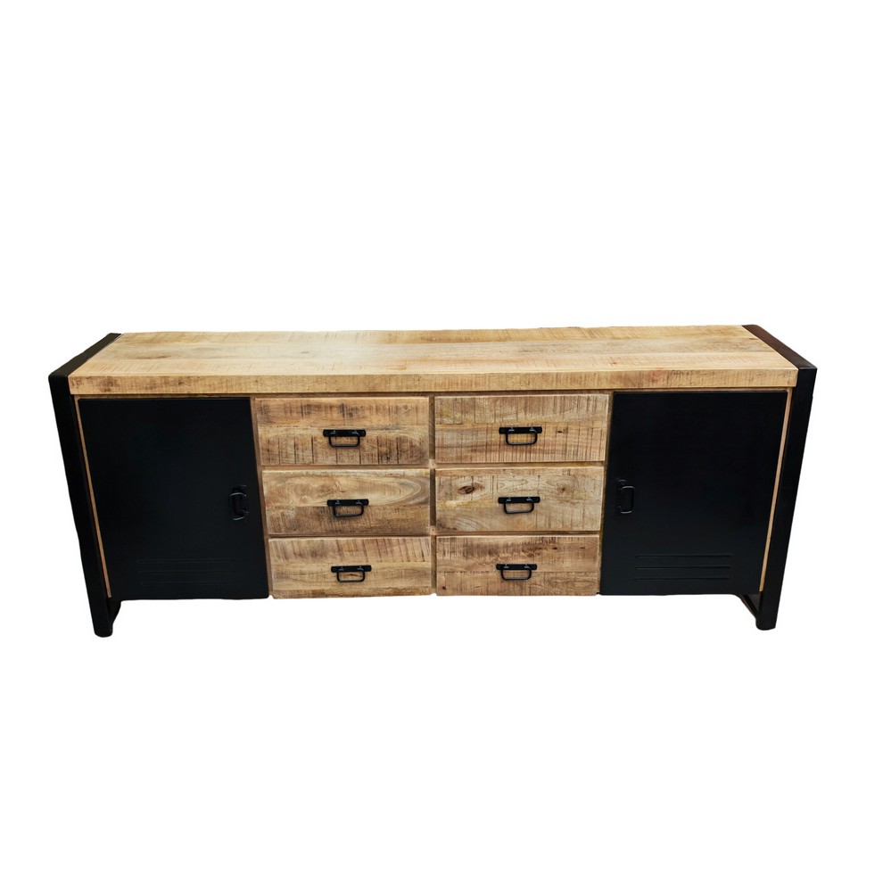BAHUT BAS 2 PORTES 6 TIROIRS EN MANGUIER MASSIF ET METAL NOIR 200 X 81 X 46 CM - Image 2